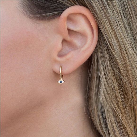 🧿 Blue Stone Evil Eye Huggie Hoop Earrings 🧿 - Picture 2 of 7